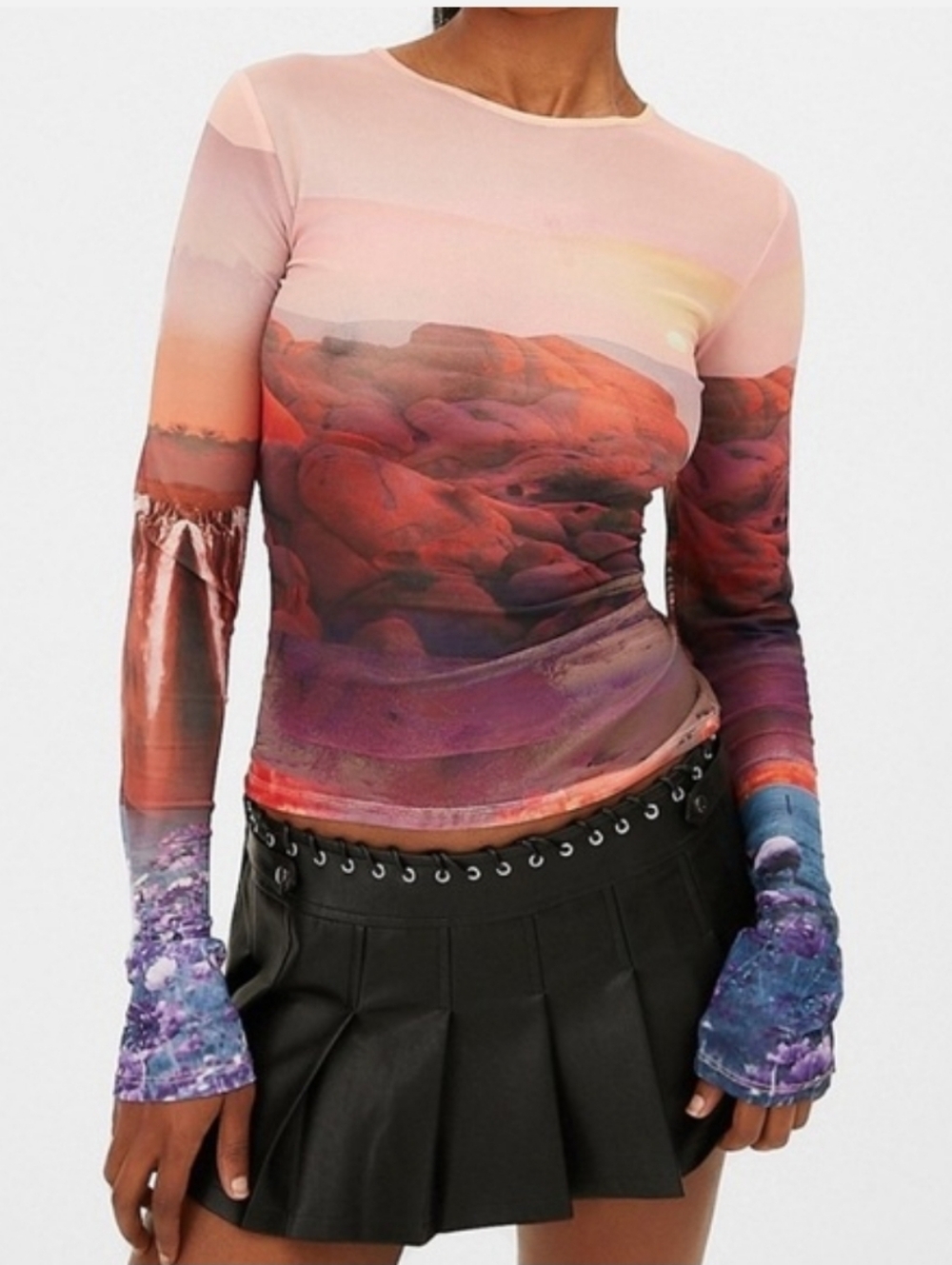 Miaou Oasis Printed Long Sleeve Mesh Top Size Small